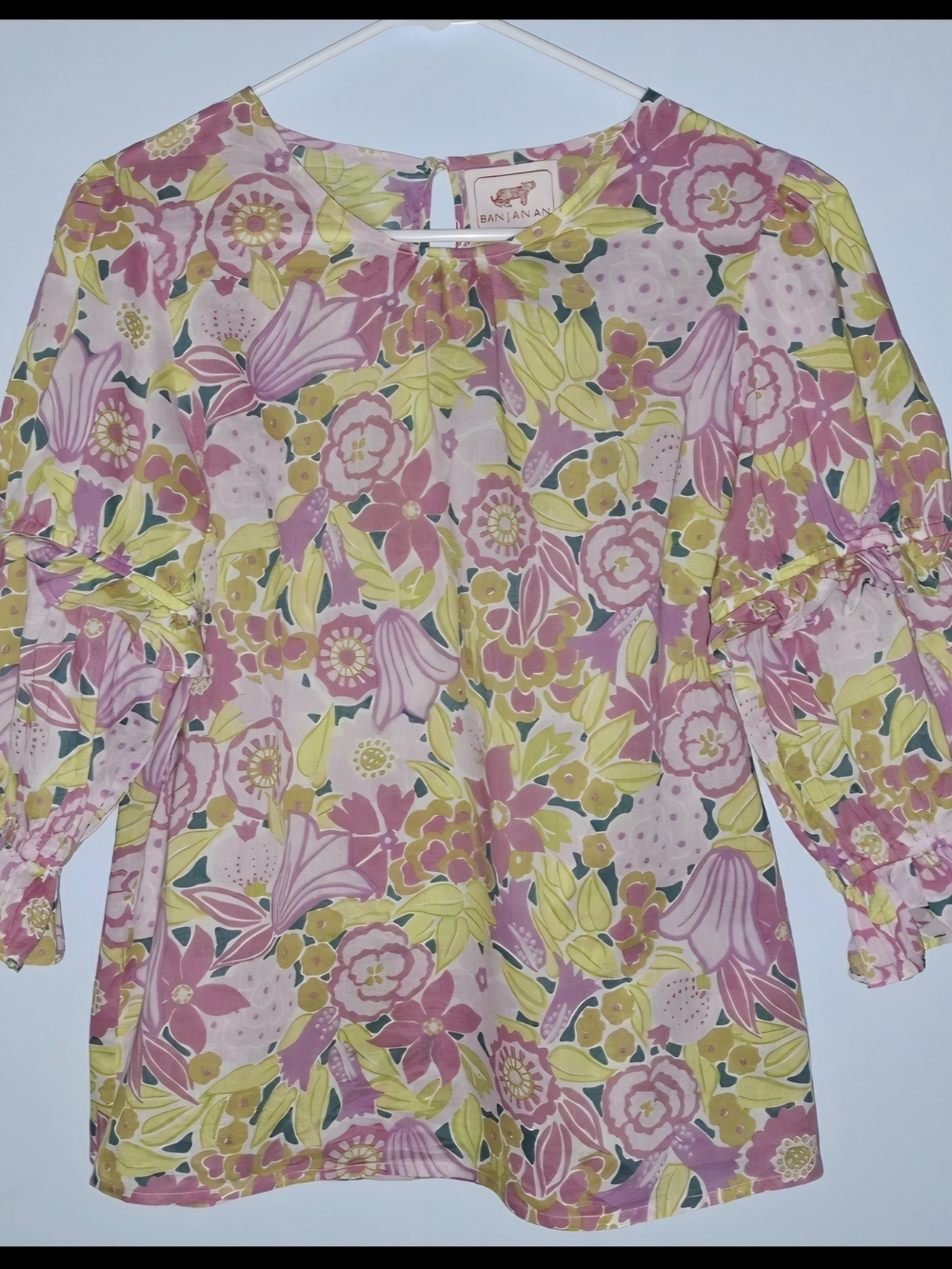 Banjanan Blouse Pink Floral Top M Ruffle 3/4 Sleeve Green Gold India Bloomsbury